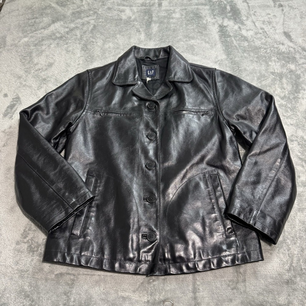 Vintage Y2K GAP Black Genuine Glazed Leather‎ BLAZER JACKET Womens S 17x22 RARE